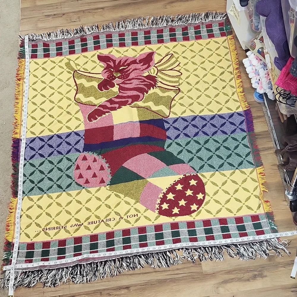 NOT A CREATURE WAS STIRRING Cat in Christmas Stocking Woven Blanket Throw